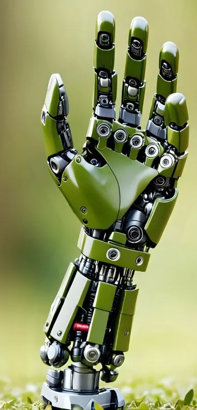 Futuristic robotic hand on green background.