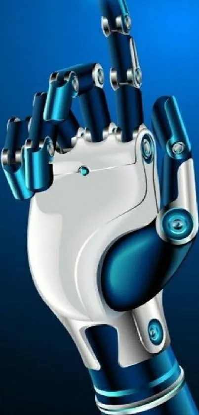 Futuristic robotic hand on blue background.