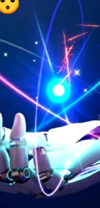 Futuristic robotic hand with glowing elements on a dark blue background.