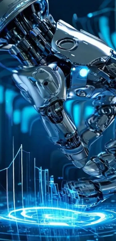 Futuristic robotic hand in blue digital setting