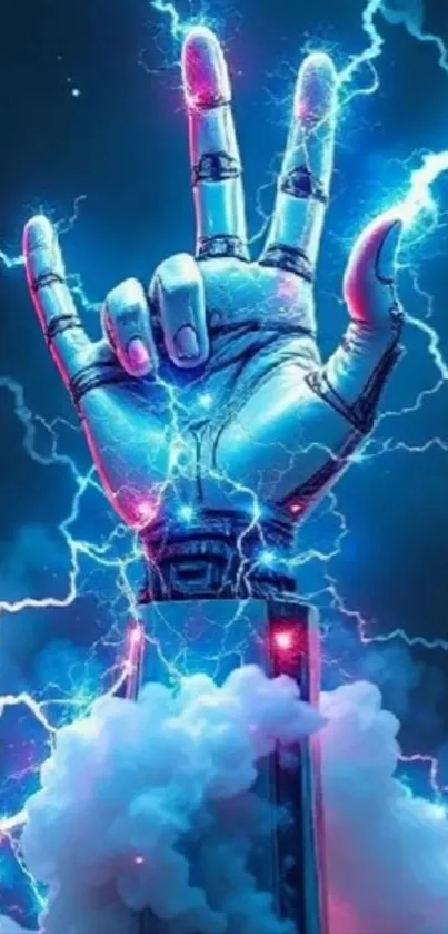 Robotic hand emerging with lightning energy.