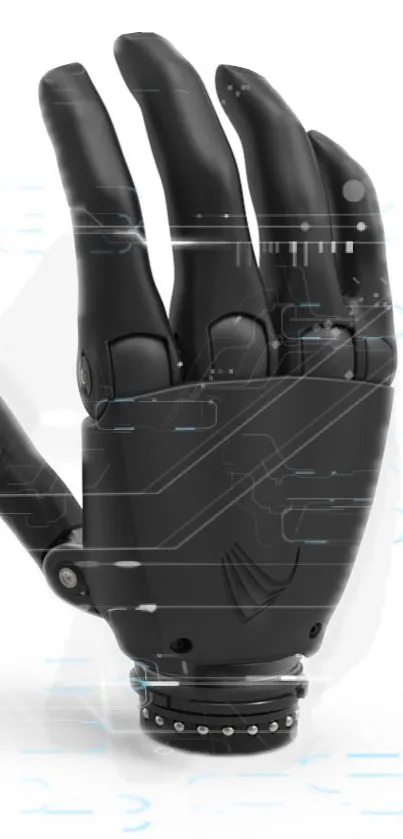 Futuristic robotic hand with digital elements in black.