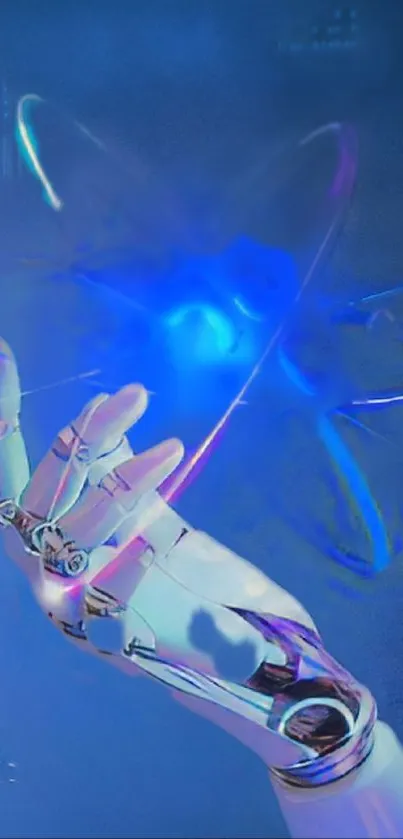 Futuristic robotic hand with blue glow and digital elements.