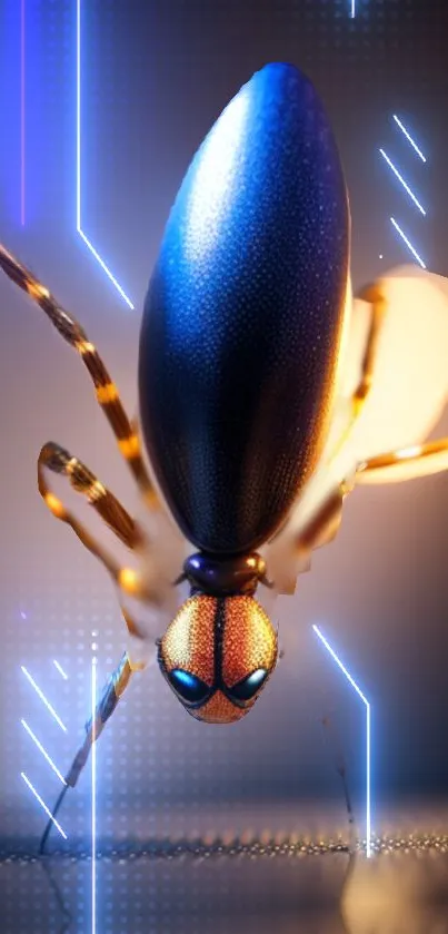 Futuristic robotic insect with neon lights, perfect for tech-themed wallpaper.