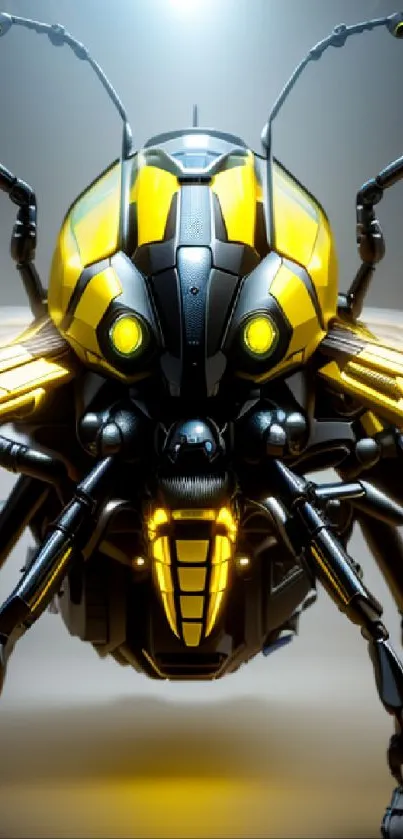 Futuristic robotic insect with yellow highlights and intricate mechanical details.