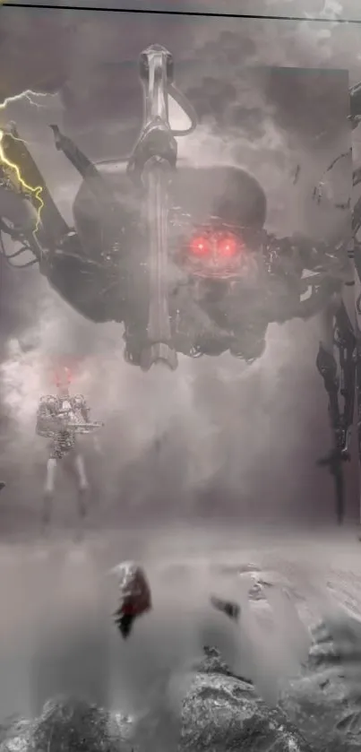 Futuristic robot invasion wallpaper with red glowing eyes.