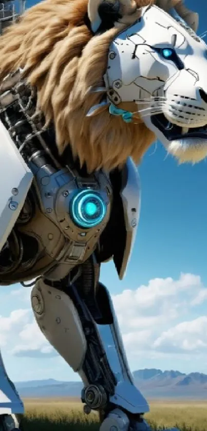 Futuristic robotic lion in a meadow.