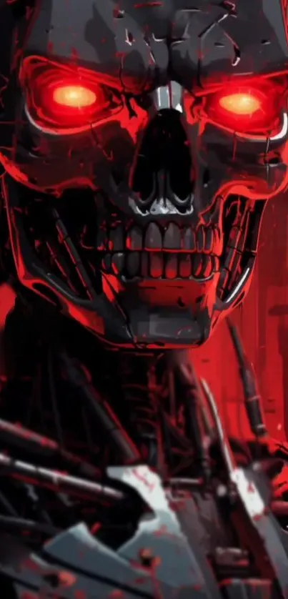 Futuristic robotic skull with glowing red eyes on a dark background.