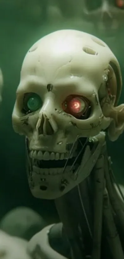 Futuristic robotic skull with glowing eyes.