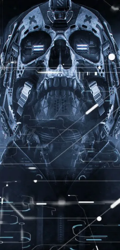 Futuristic robotic skull with digital elements on a dark backdrop.