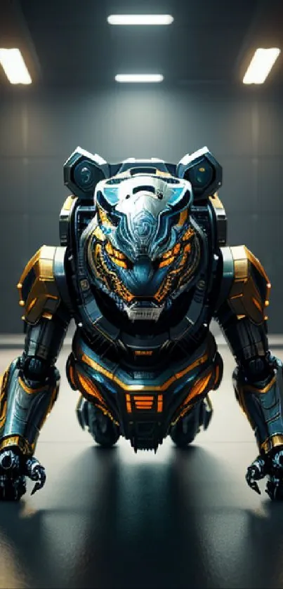 Futuristic robotic tiger in a dim hallway.