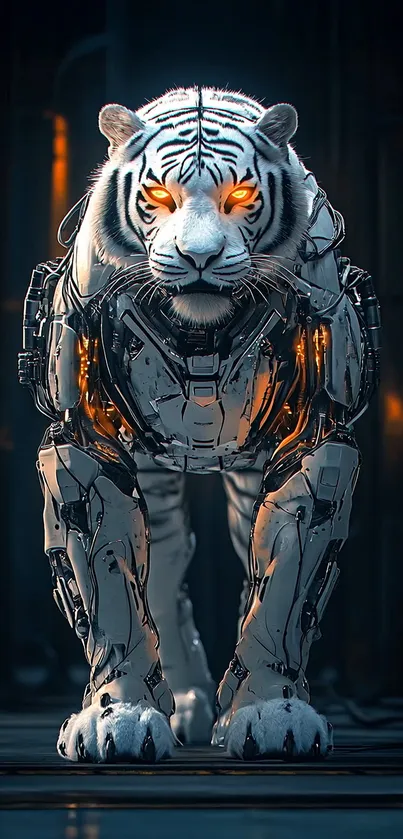 Futuristic robotic tiger with glowing eyes in dark setting.