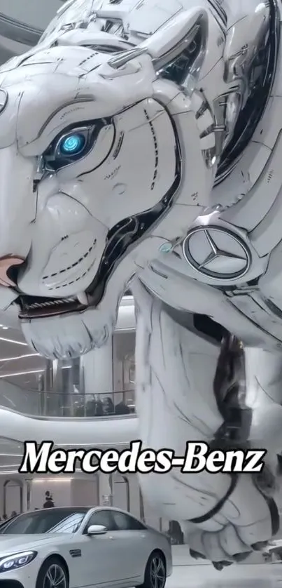 Futuristic robotic tiger with Mercedes-Benz car.