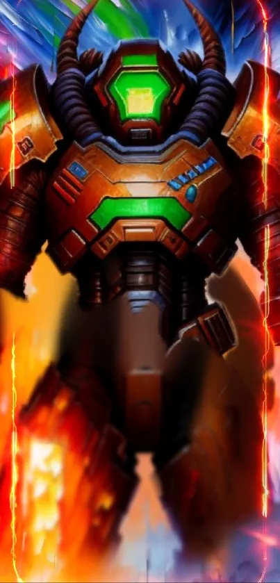 Futuristic robot warrior with vibrant colors in flames.