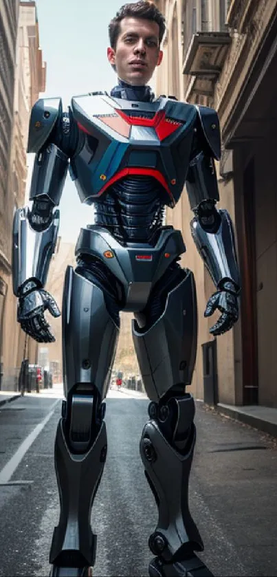 A futuristic robot warrior stands in an urban alley, showcasing modern design.