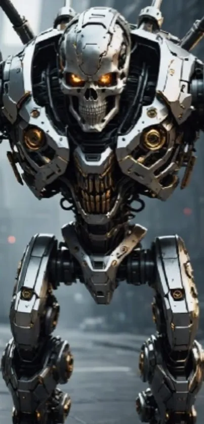 Futuristic robotic warrior standing in an urban setting with a sci-fi theme.