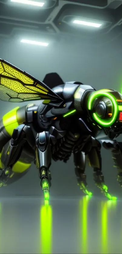 Futuristic robotic wasp with neon accents.