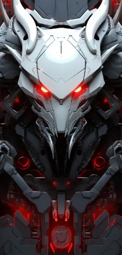 Futuristic robotic wolf design with red eyes on a mobile wallpaper.