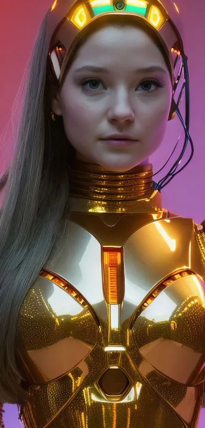 Futuristic robotic woman in a golden suit, merging technology with elegance.