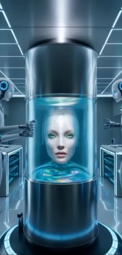 Futuristic robot lab with AI head suspended in a metallic cylinder.