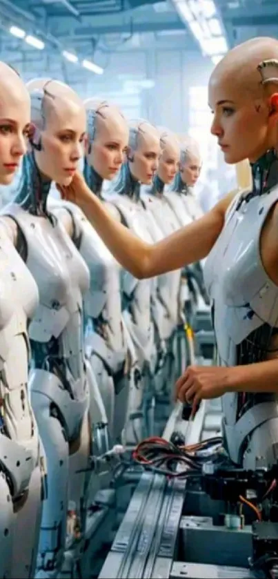 Futuristic humanoid robots in assembly line.