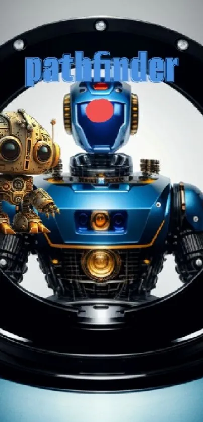 Futuristic robots with a blue tech background, featuring a steampunk theme.