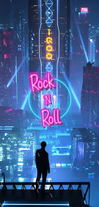 Silhouette in futuristic city with neon Rock 'N' Roll sign.