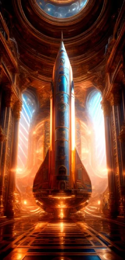 Futuristic rocket in a grand, glowing hall with vibrant orange accents.