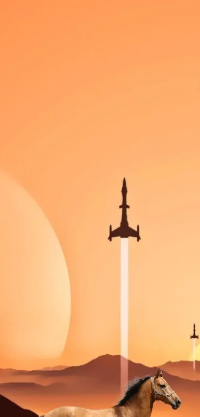 Surreal orange landscape with rockets and horse.