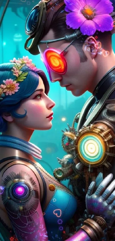 Futuristic cybernetic couple with vivid LED flowers.