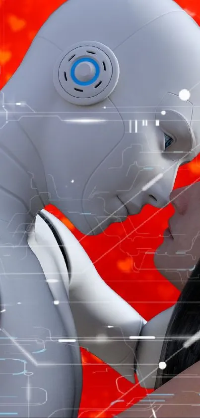 Futuristic romance with robot and human against red heart background.