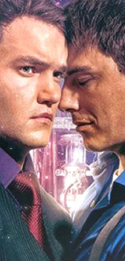 A romantic, futuristic scene with two men connecting in an urban setting.