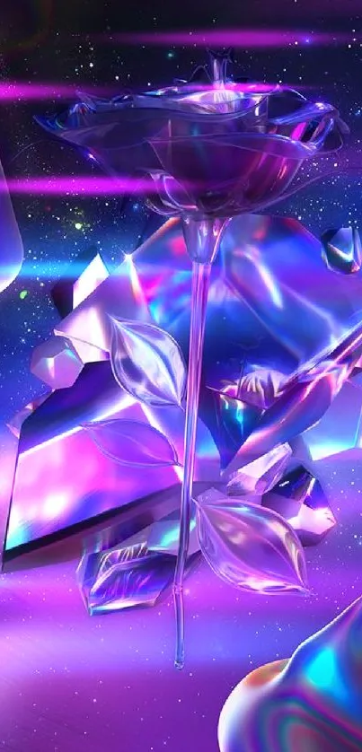 Futuristic holographic rose with cosmic background art.