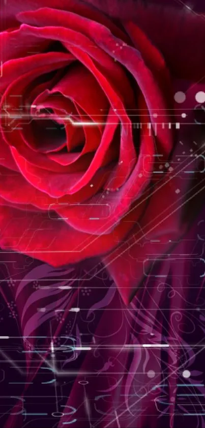 Futuristic red rose with digital effects on mobile wallpaper.