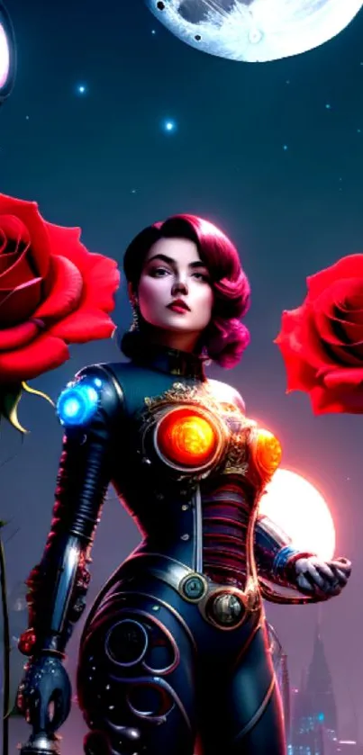 Futuristic heroine with roses under a cosmic sky wallpaper.