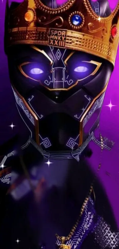 Futuristic cyber mask with a golden crown on a purple background.