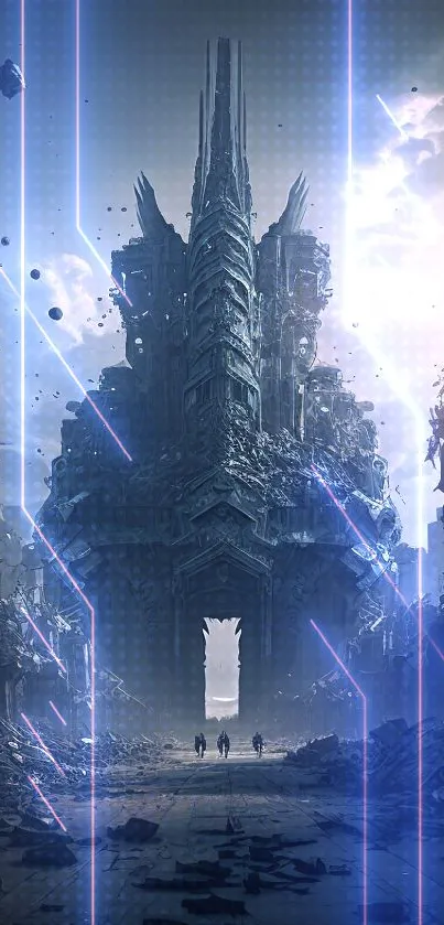 Futuristic dark urban ruins landscape with towering structures.