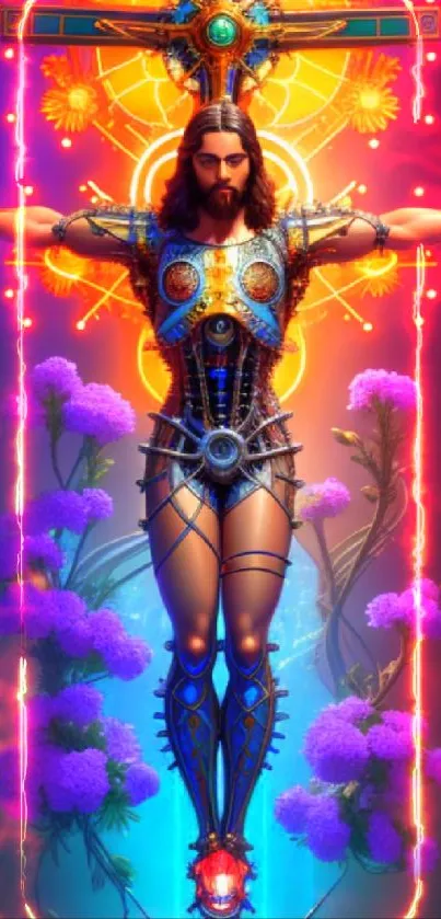 Futuristic art depicting a robotic figure with vibrant colors and cosmic elements.