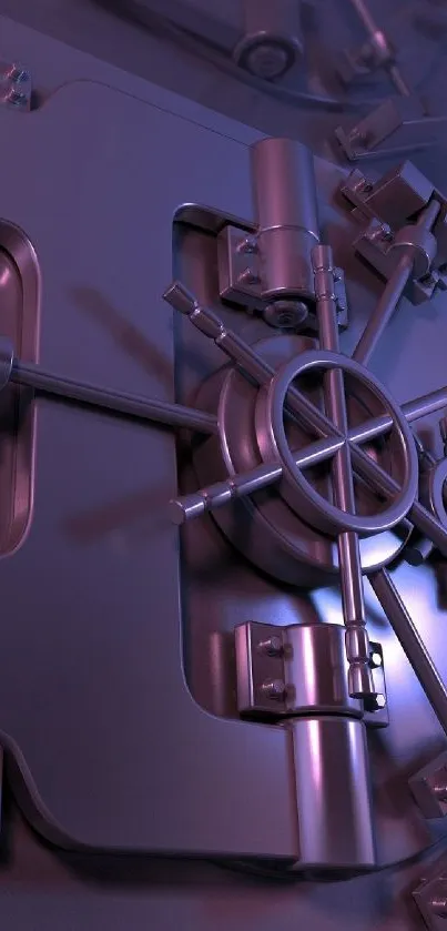 Futuristic metallic safe door with complex mechanism in purple hues.