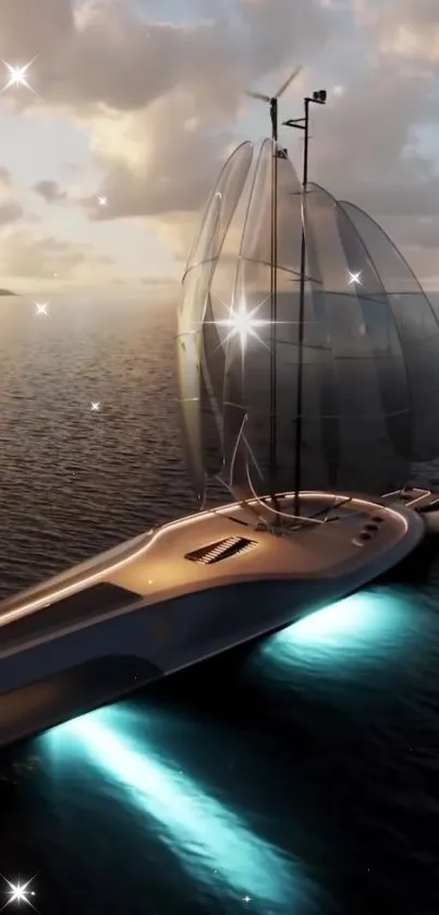 Futuristic sailing ship at sunset with sparkling stars on the ocean.