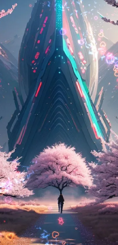 Futuristic sci-fi scene with cherry blossoms and towering structure.