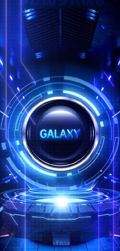 Futuristic Samsung Galaxy wallpaper with neon blue tech design.