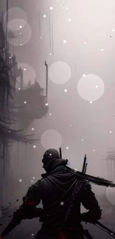 Futuristic samurai silhouette in misty urban setting, digital art wallpaper.