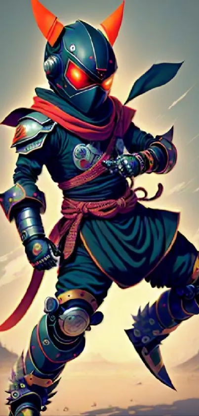 Futuristic samurai art with vibrant colors and detailed armor as mobile wallpaper.