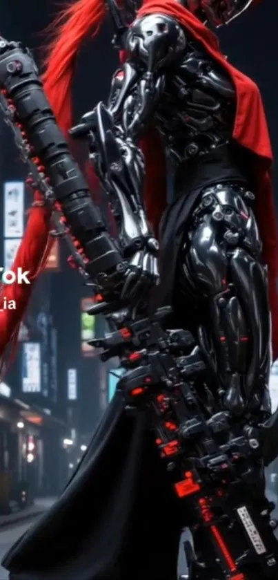 Futuristic cyberpunk samurai in armor with neon backdrop.