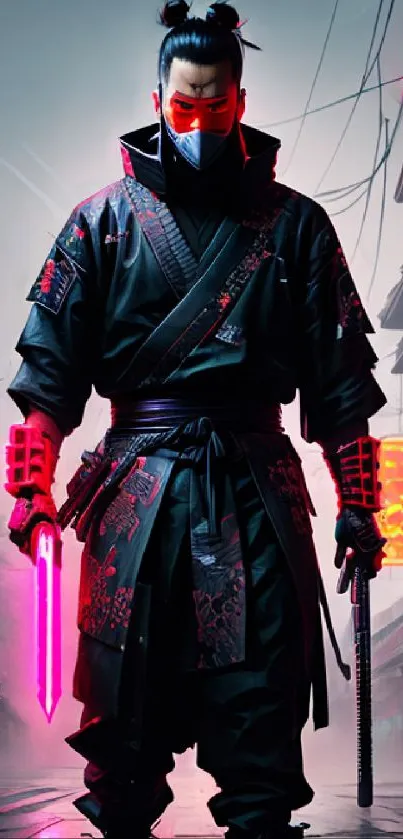 Futuristic samurai with neon lights in an urban setting.