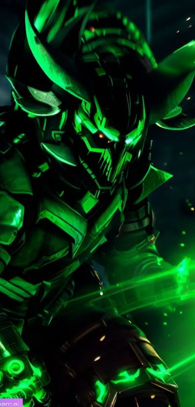 Futuristic neon green samurai warrior with cyberpunk armor.