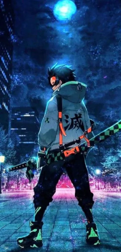 Futuristic samurai in neon city at night.