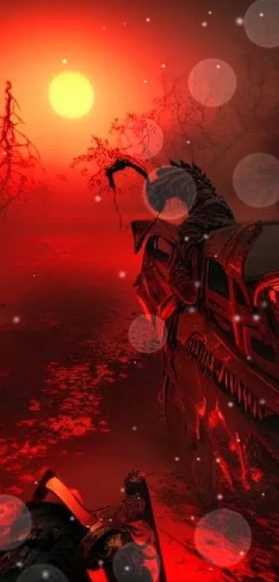 Futuristic samurai theme with red sunset and dynamic artistic scene.