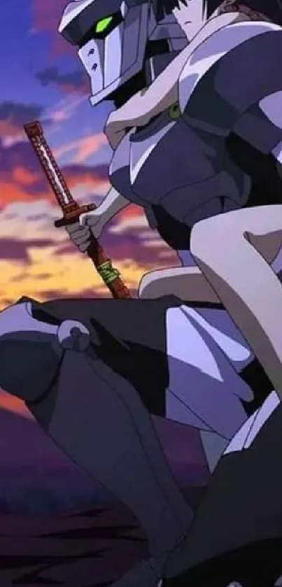 Futuristic samurai with sword at sunset anime wallpaper.